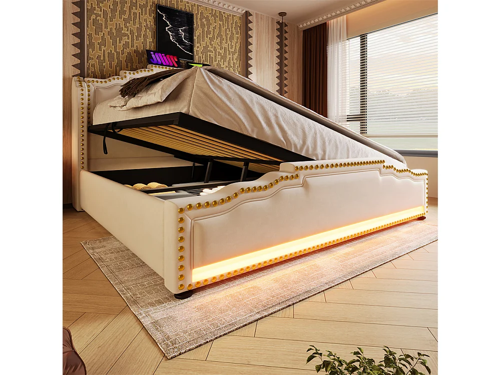 Lit coffre 140x200, Lit double avec espace de rangement hydraulique, lit de rangement et lit pour adolescent, Beige, sans matelas