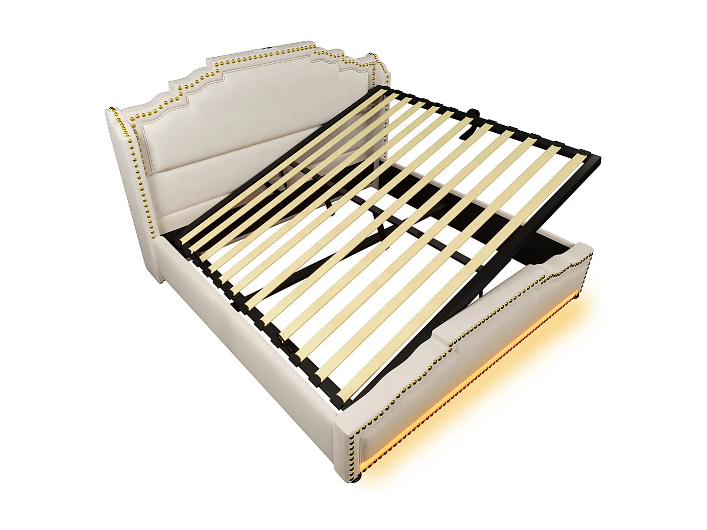 Lit coffre 140x200, Lit double avec espace de rangement hydraulique, lit de rangement et lit pour adolescent, Beige, sans matelas