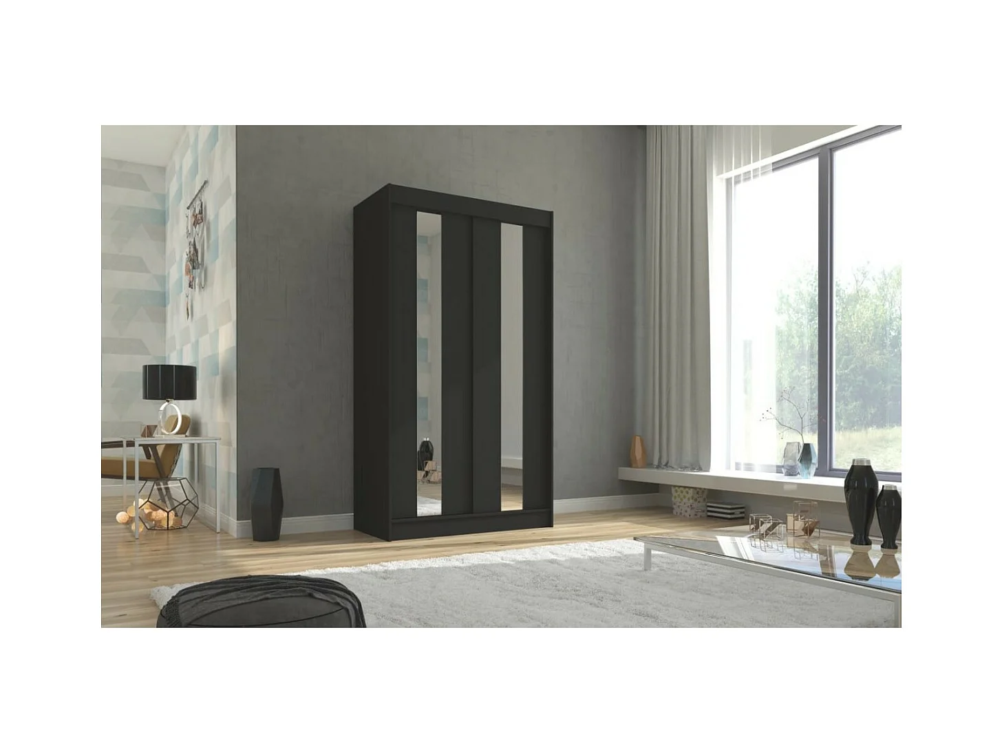 Armoire Dalton (120cm)/Portes coulissantes/Miroir/Noir