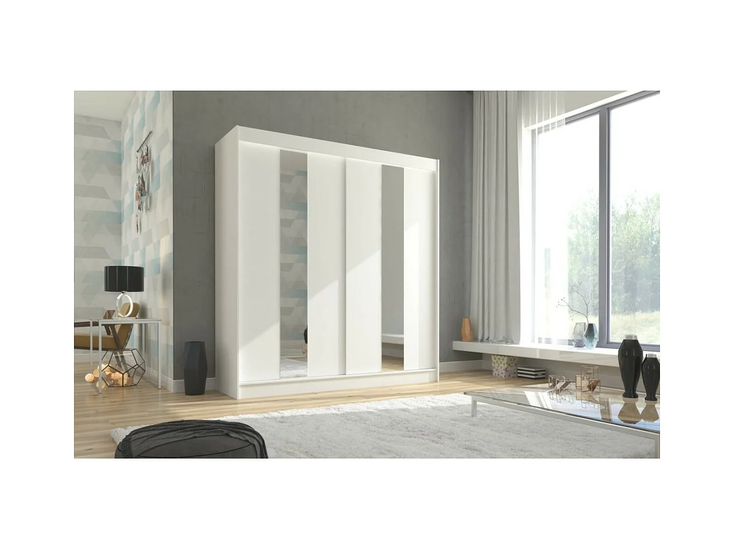 Armoire Dalton (200cm)/Portes coulissantes/Miroir/Blanc