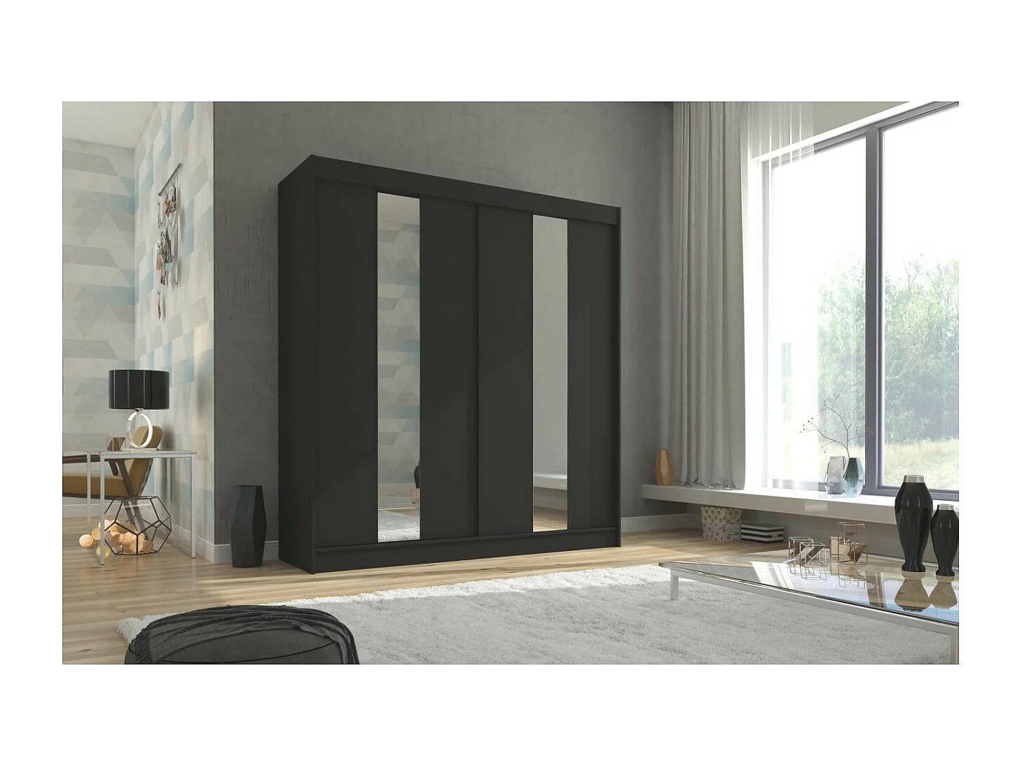 Armadio Dalton (200cm)/Ante scorrevoli/Specchio/Nero