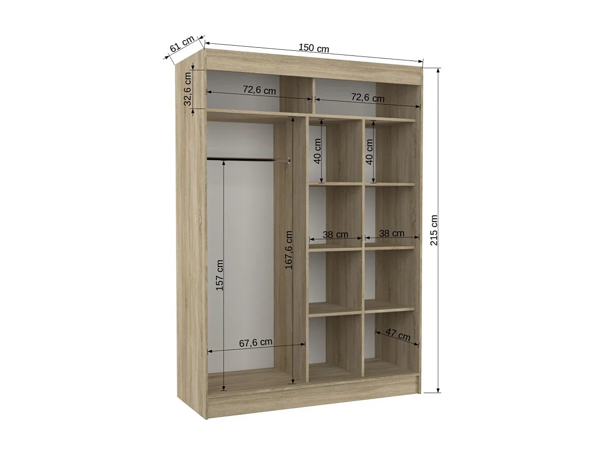 Kleiderschrank Dalton (150cm)/Schiebetüren/Spiegel/Schwarz