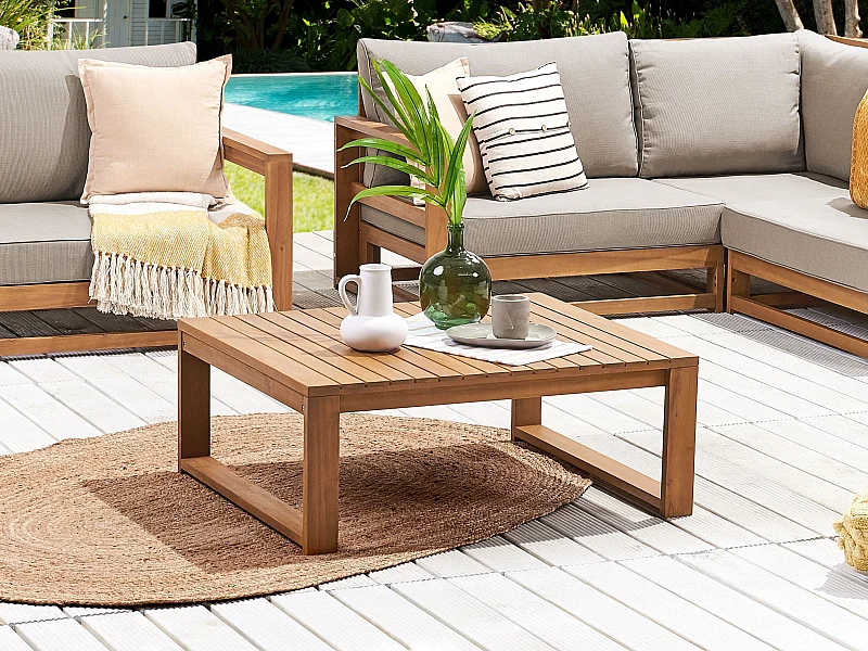 Stolik kawowy ogrodowy TIMOR 90 cm 75 cm Certyfikowane drewno akacjowe Jasnobrązowy