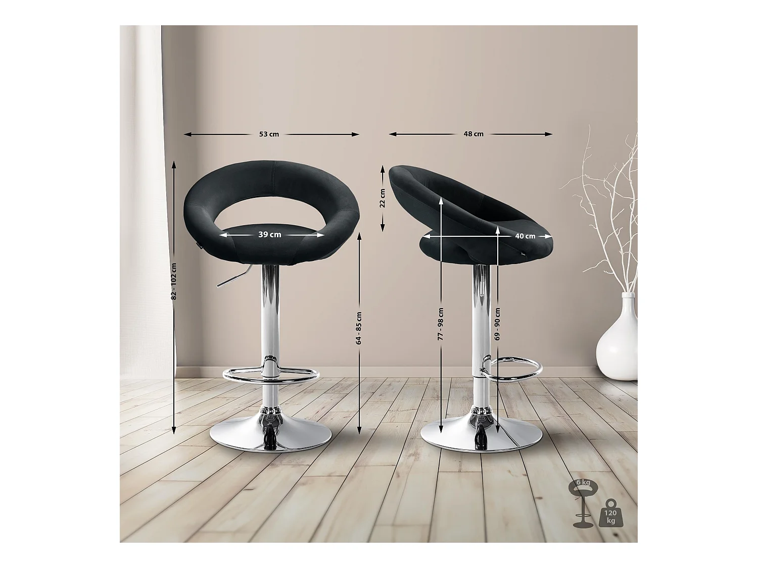 Tabouret de bar - Velours & Chrome - Noir - Olinda