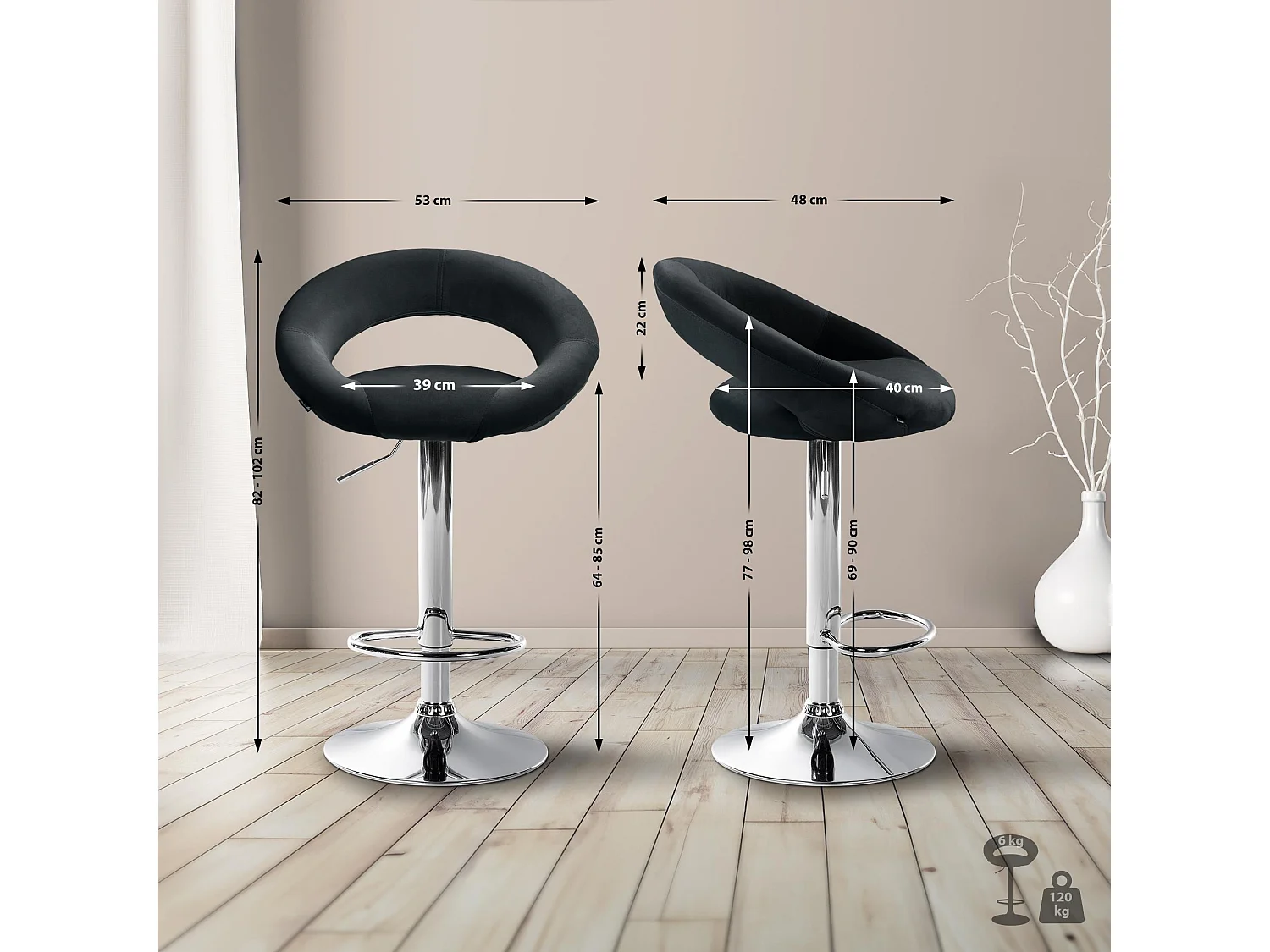 Tabouret de bar - Velours & Chrome - Noir - Olinda