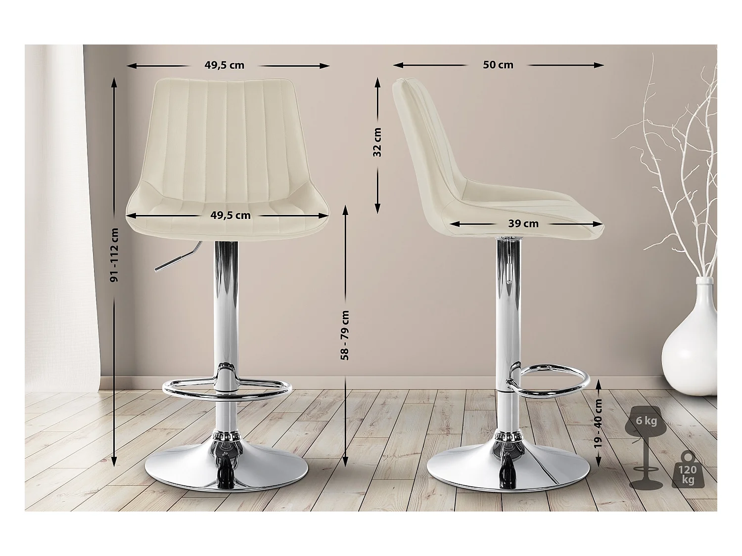 Lot de 2  Tabouret de bar - Similicuir - Crème - Toni
