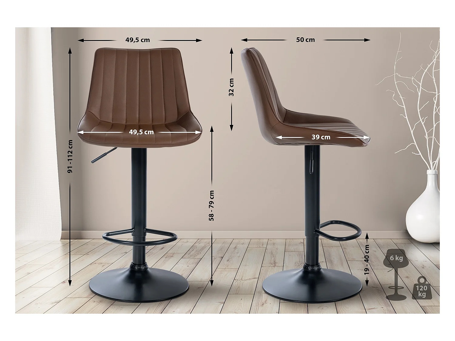 Lot de 2  Tabouret de bar - Similicuir - Marron - Toni