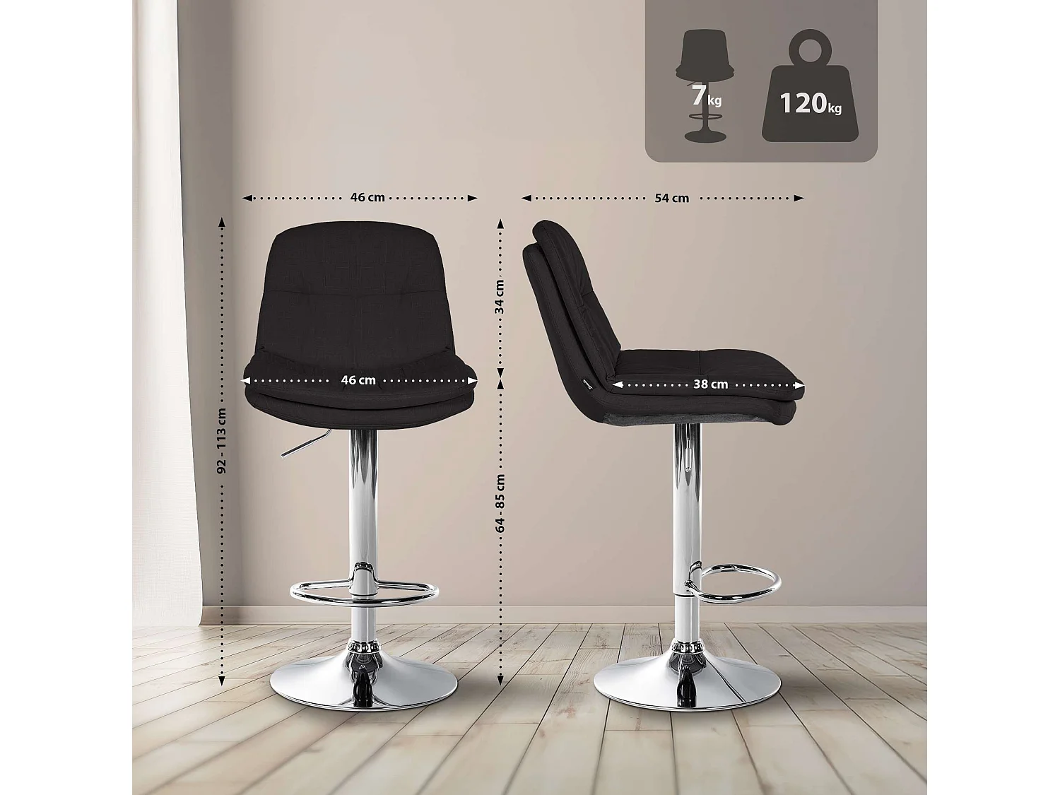 Tabouret de bar - Tissu - Noir - Laurel