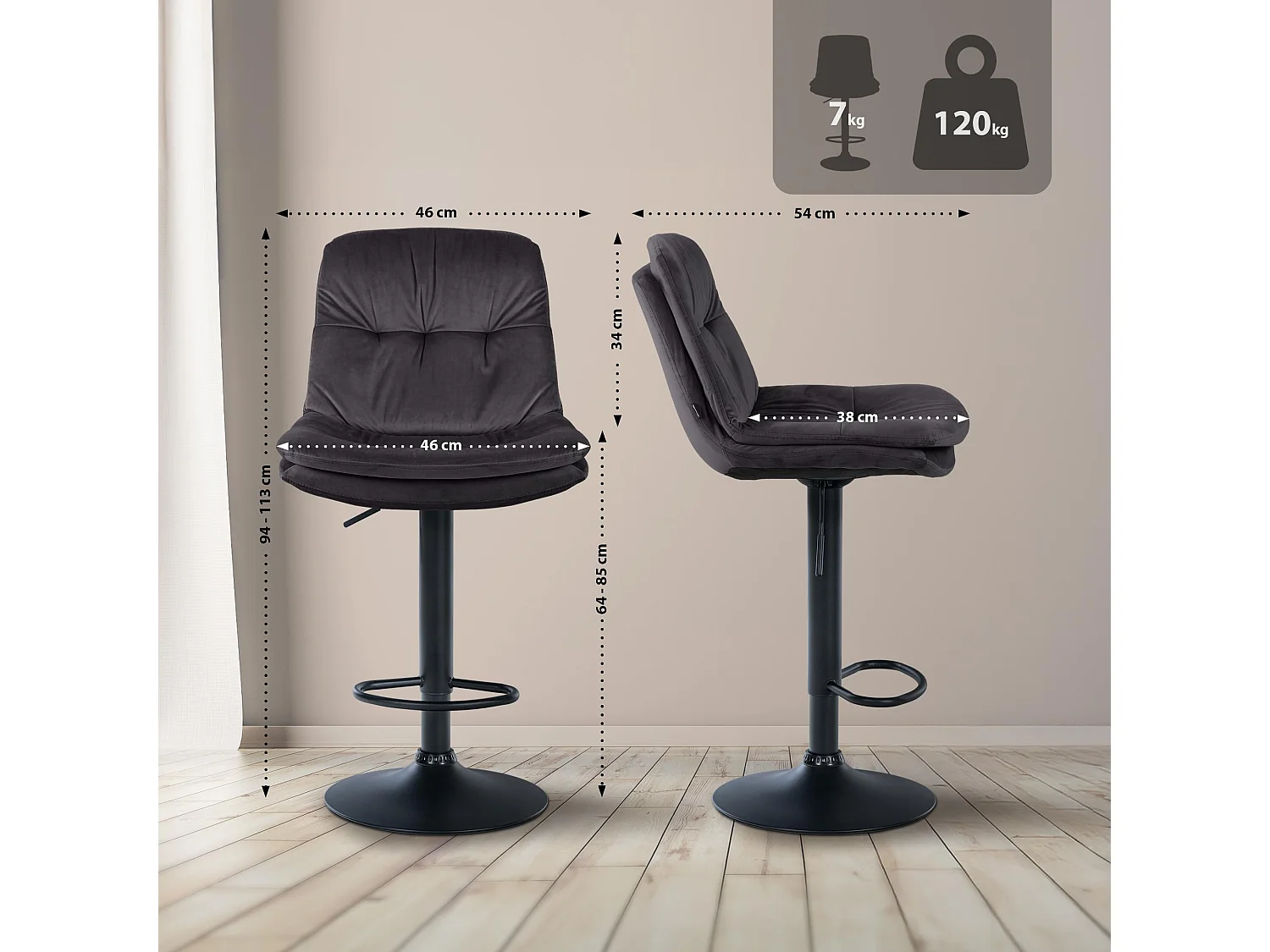 Tabouret de bar - Velours - Noir - Laurel