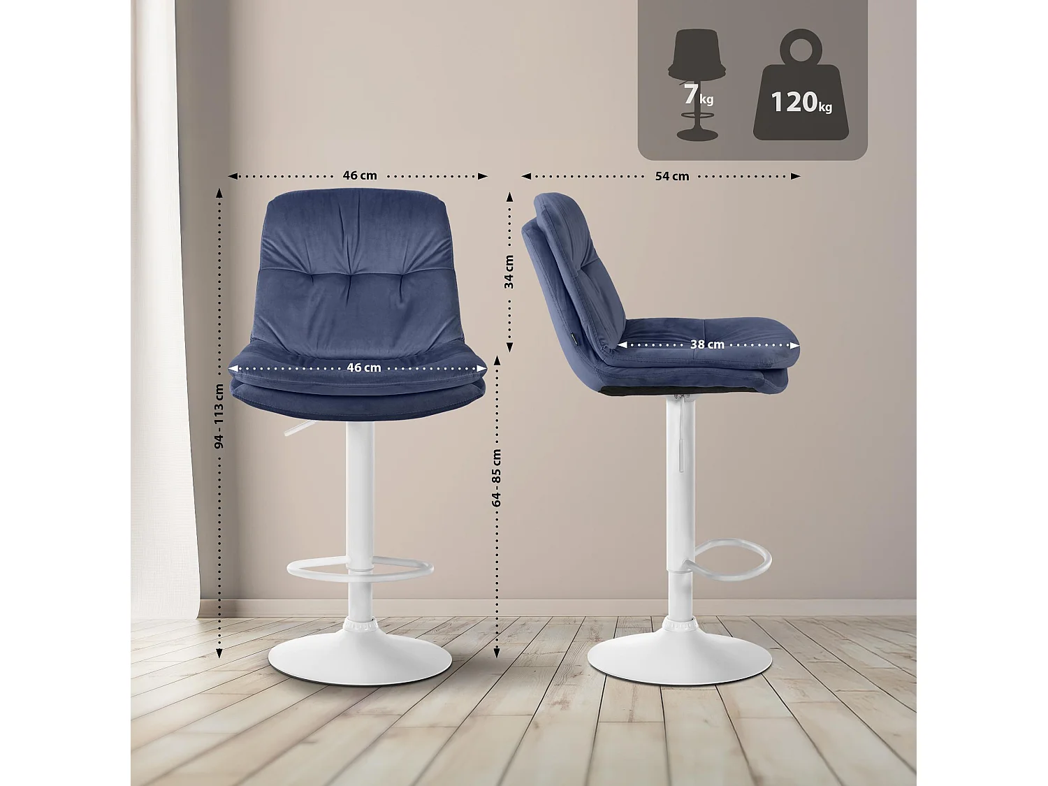 Tabouret de bar - Velours - Bleu - Laurel