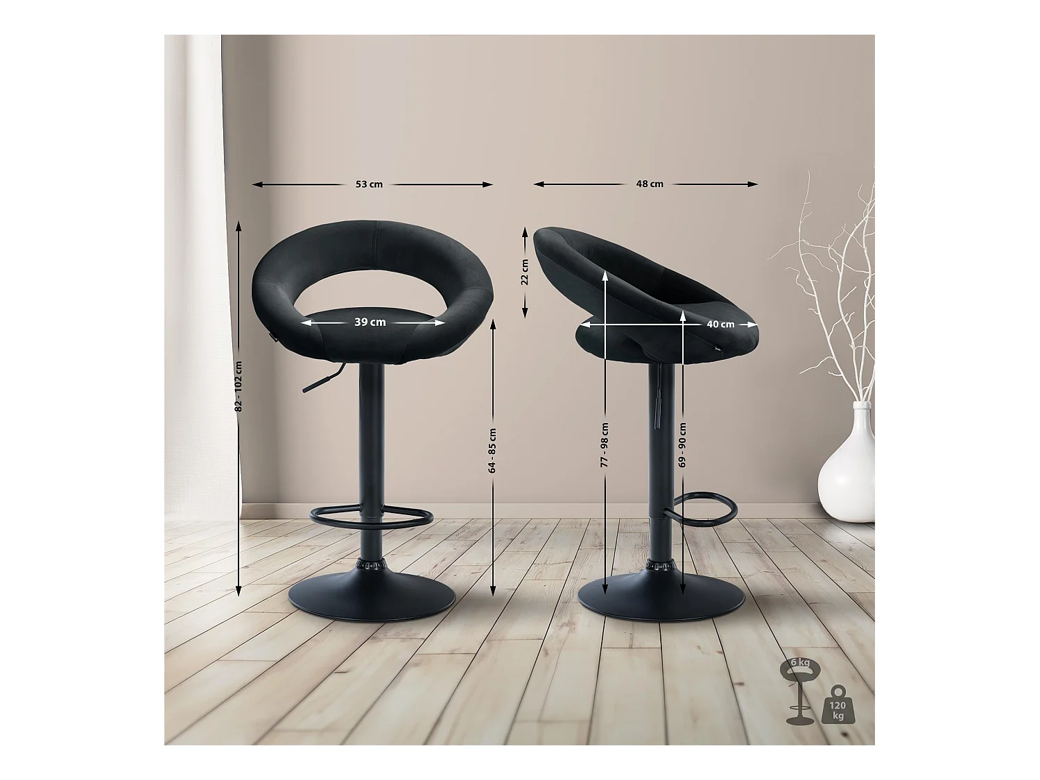 Tabouret de bar - Velours & Noir - Noir - Olinda