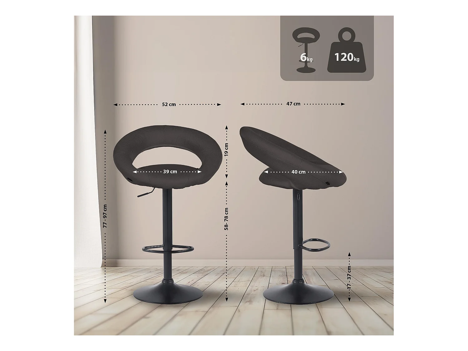 Lot de 2  Tabouret de bar - Tissu & Noir - Gris foncé - Olinda