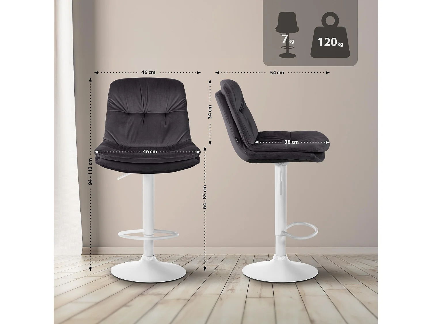 Tabouret de bar - Velours - Noir - Laurel