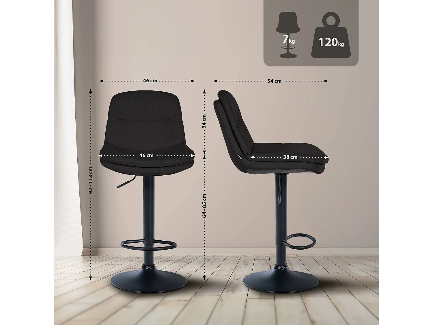 Tabouret de bar - Tissu - Noir - Laurel