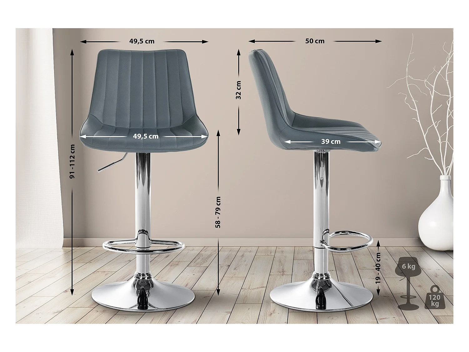 Lot de 2  Tabouret de bar - Similicuir - Gris - Toni