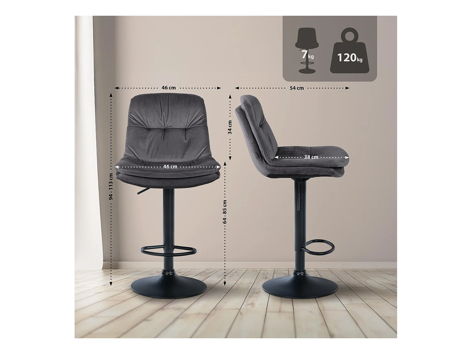 Tabouret de bar - Velours - Gris foncé - Laurel