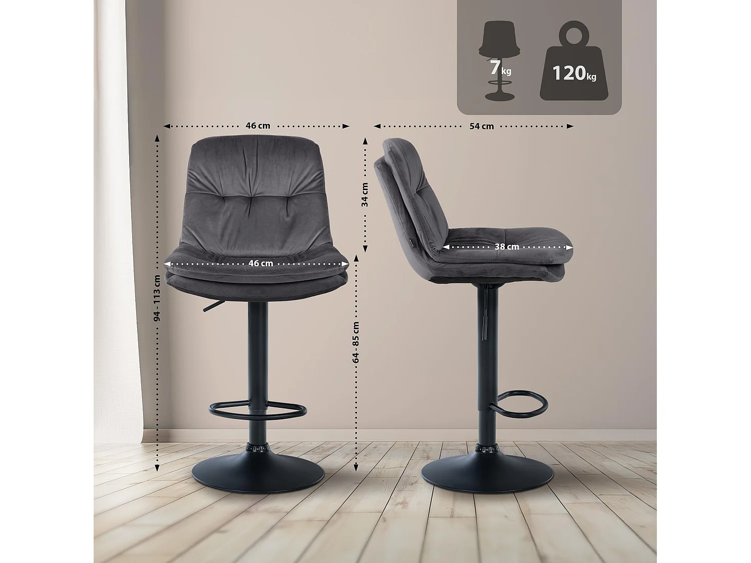 Tabouret de bar - Velours - Gris foncé - Laurel