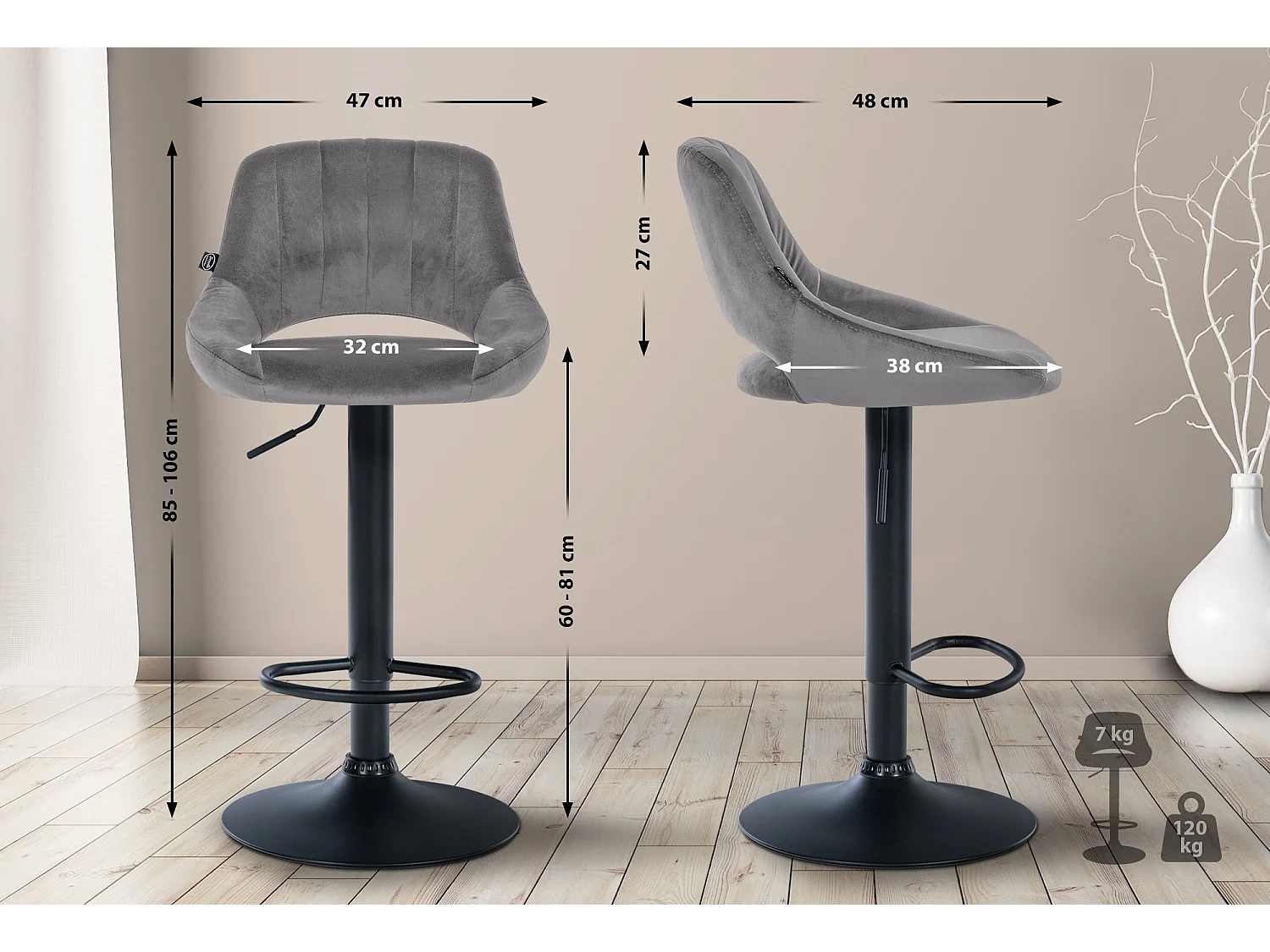 Tabouret de bar - Velours & Noir - Gris foncé - Milet