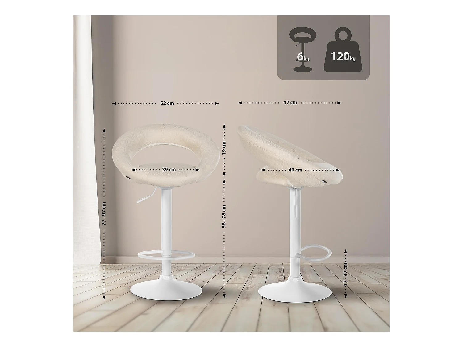 Lot de 2  Tabouret de bar - Tissu & Blanc - Crème - Olinda