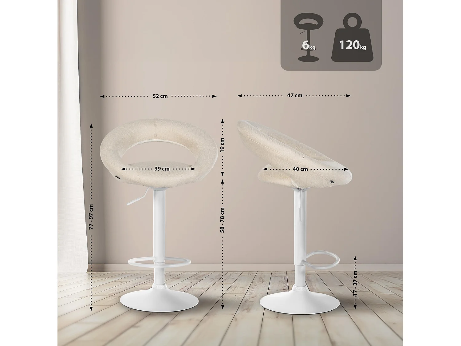 Lot de 2  Tabouret de bar - Tissu & Blanc - Crème - Olinda