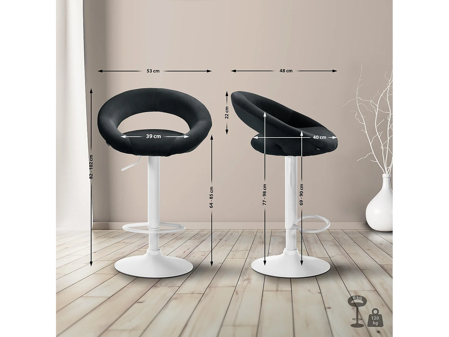 Tabouret de bar - Velours & Blanc - Noir - Olinda
