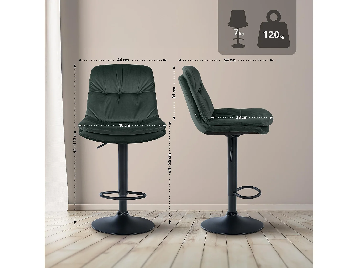 Tabouret de bar - Velours - Vert foncé - Laurel
