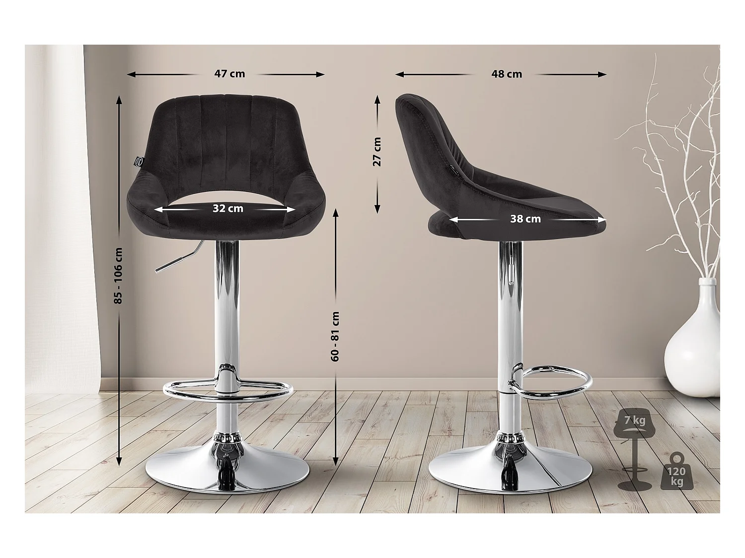 Tabouret de bar - Velours & Chrome - Noir - Milet