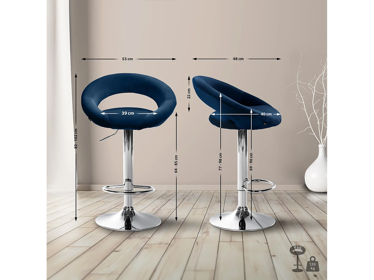 Tabouret de bar - Velours & Chrome - Bleu - Olinda
