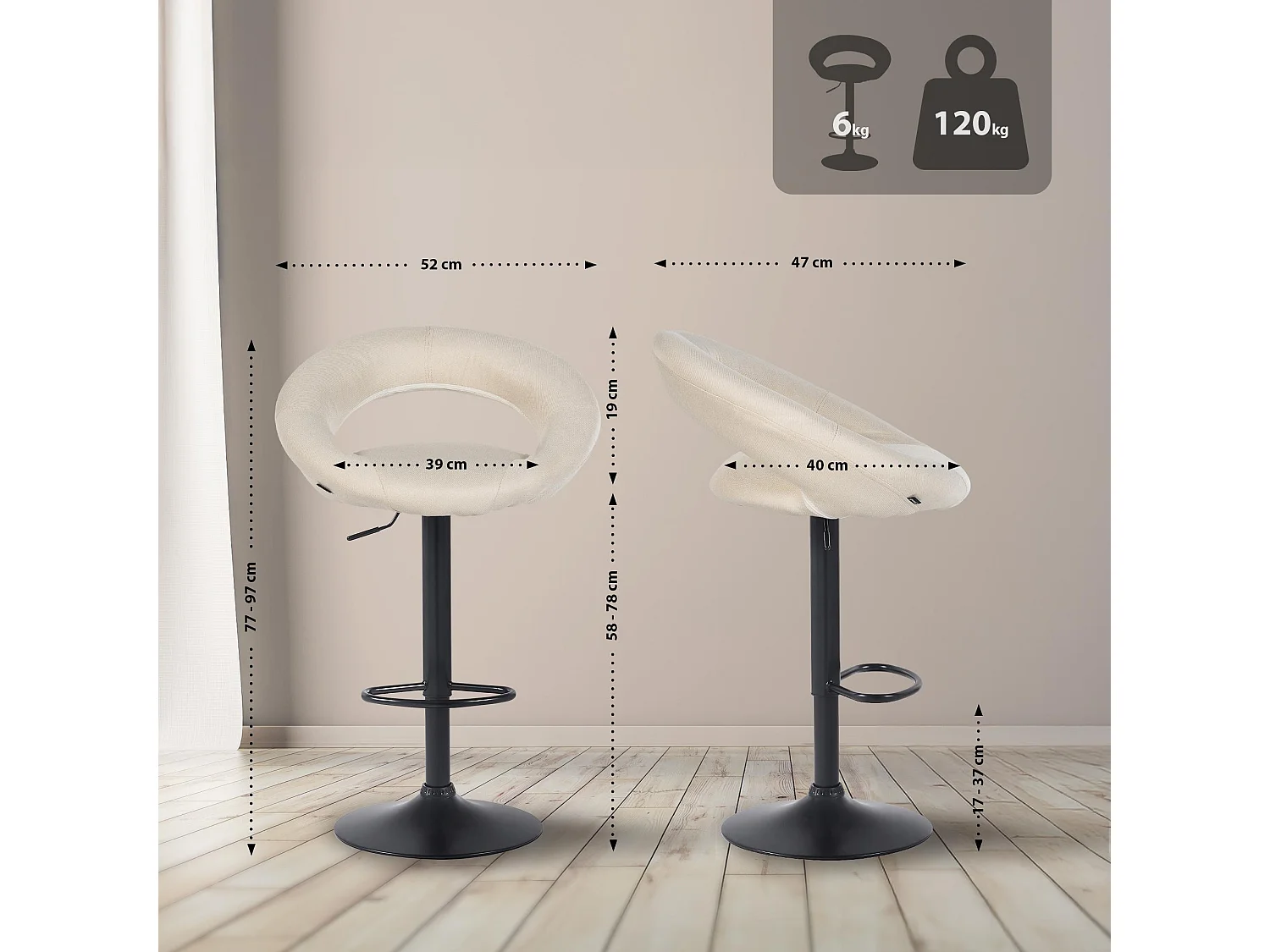 Tabouret de bar - Tissu & Noir - Crème - Olinda