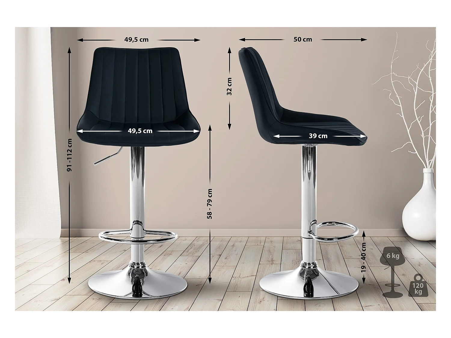 Lot de 2  Tabouret de bar - Similicuir - Noir - Toni