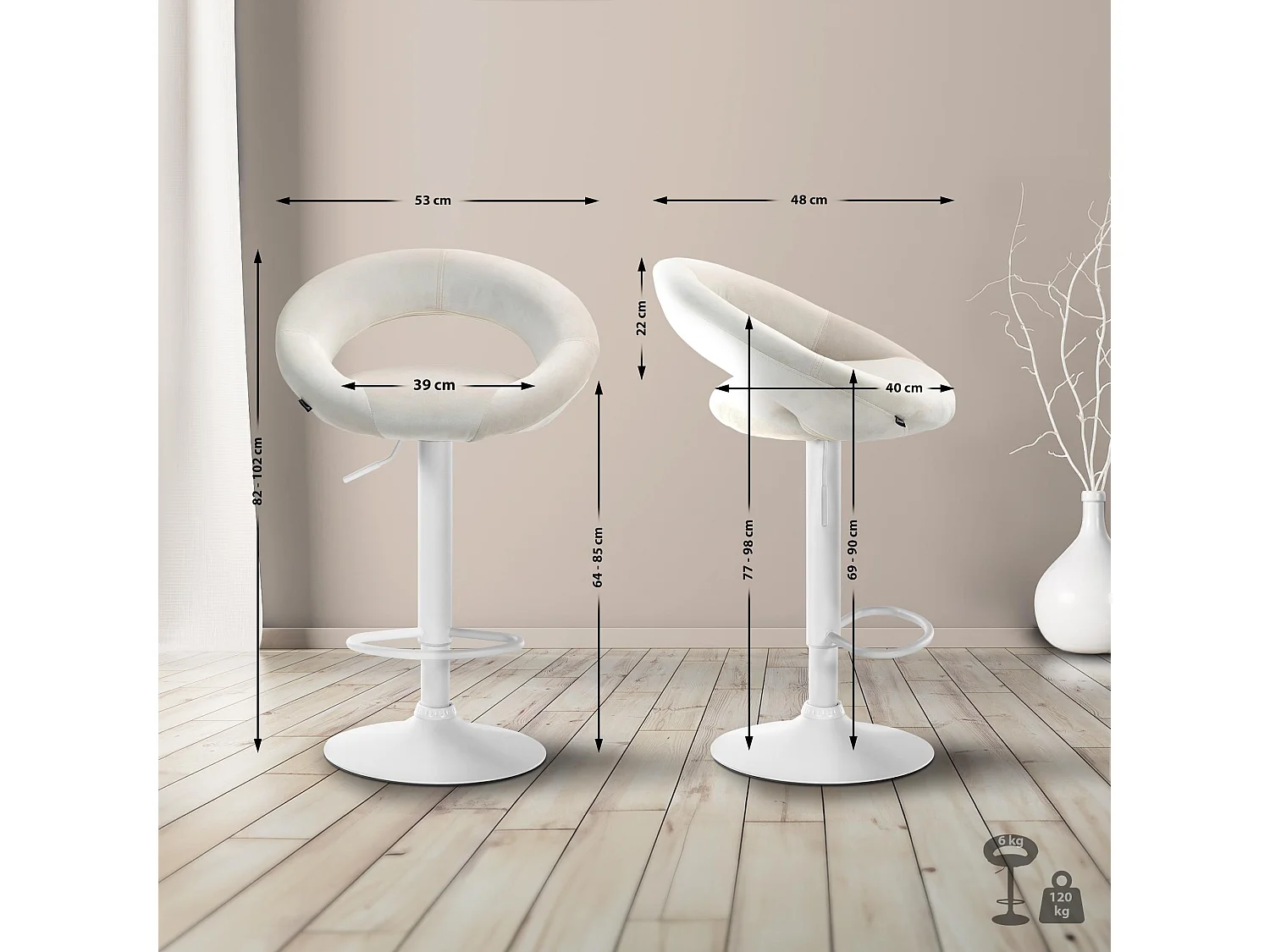 Tabouret de bar - Velours & Blanc - Crème - Olinda