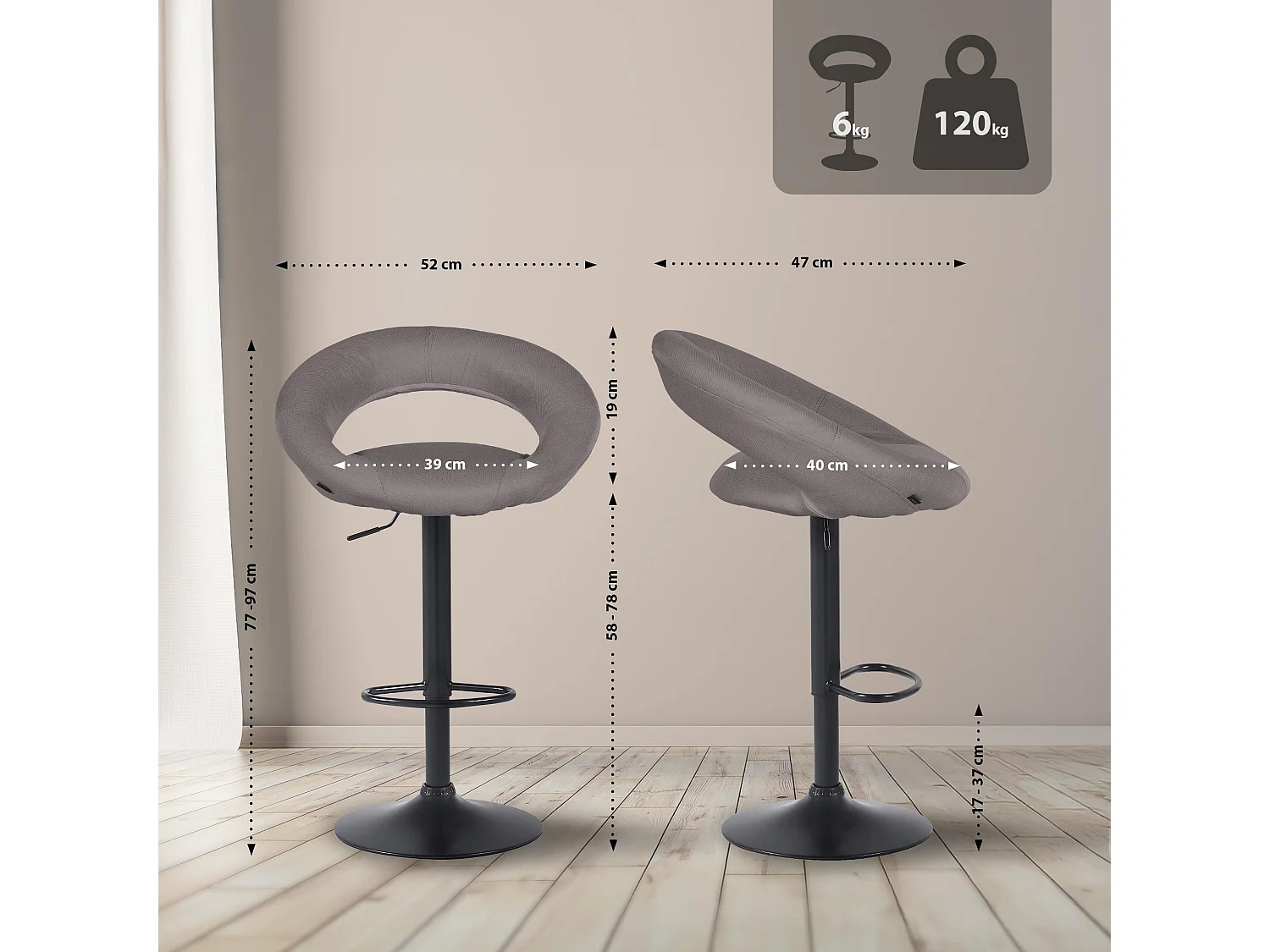 Tabouret de bar - Tissu & Noir - Gris - Olinda