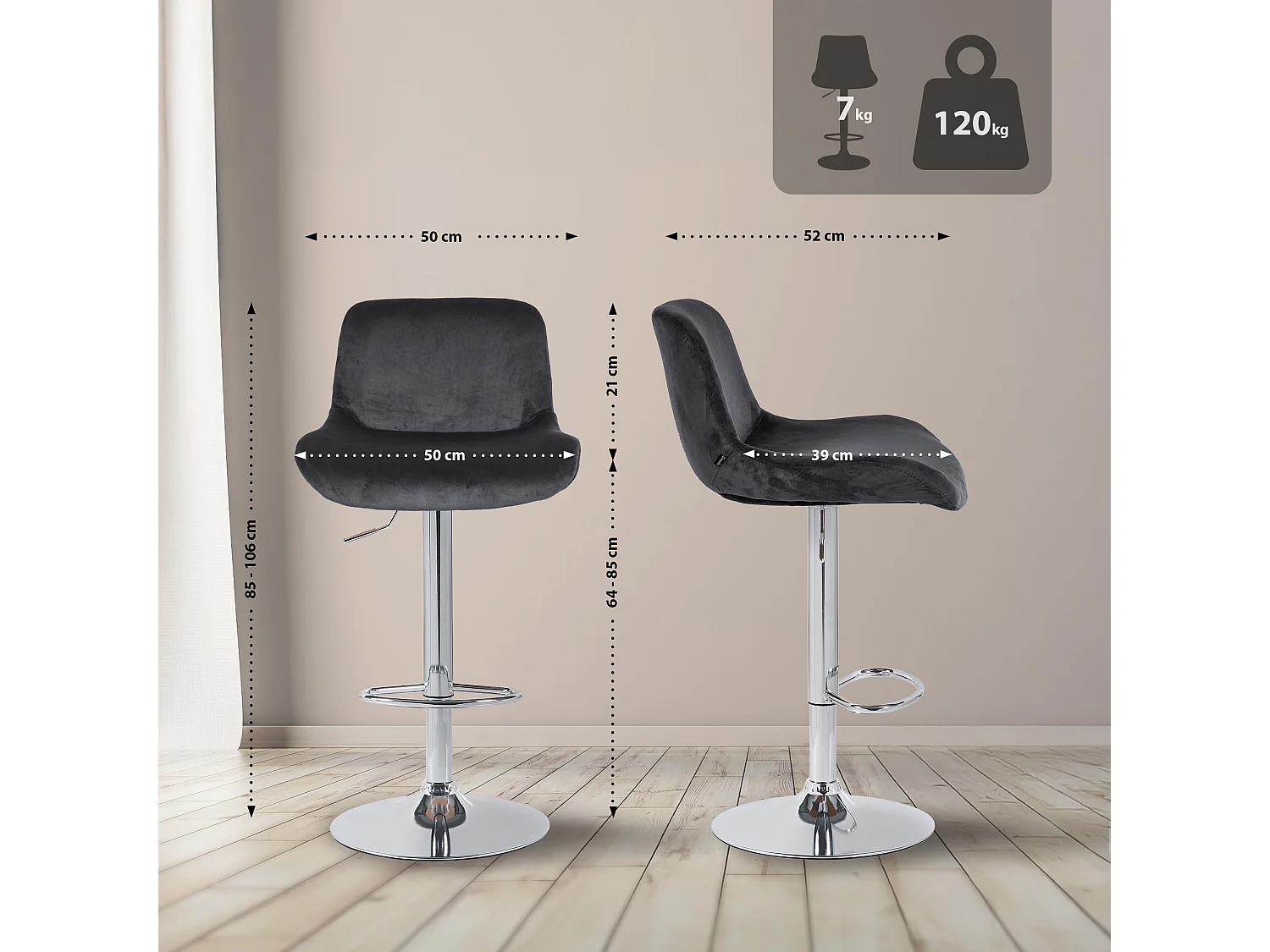 Tabouret de bar - Velours - Noir - Solon