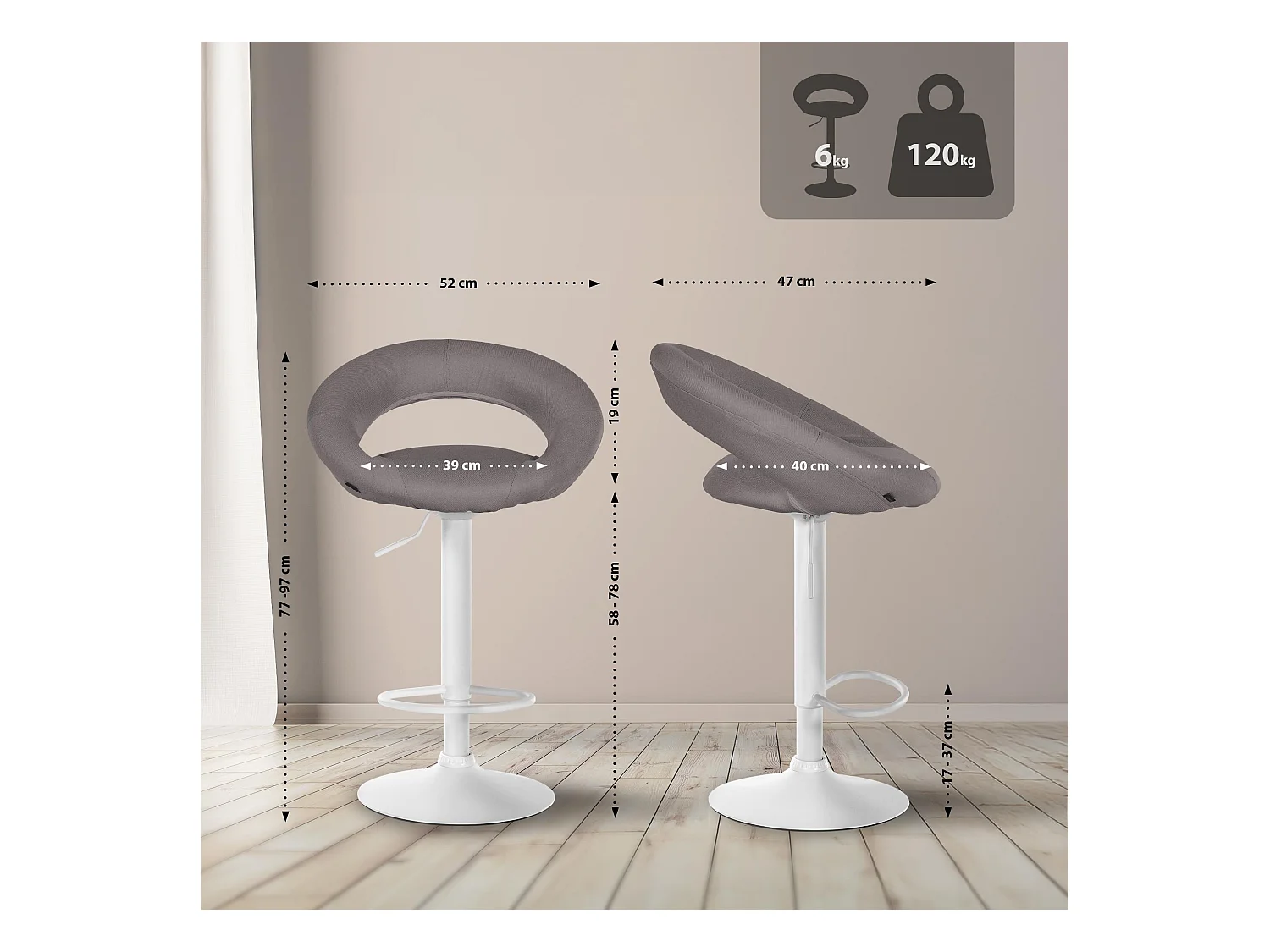 Tabouret de bar - Tissu & Blanc - Gris - Olinda