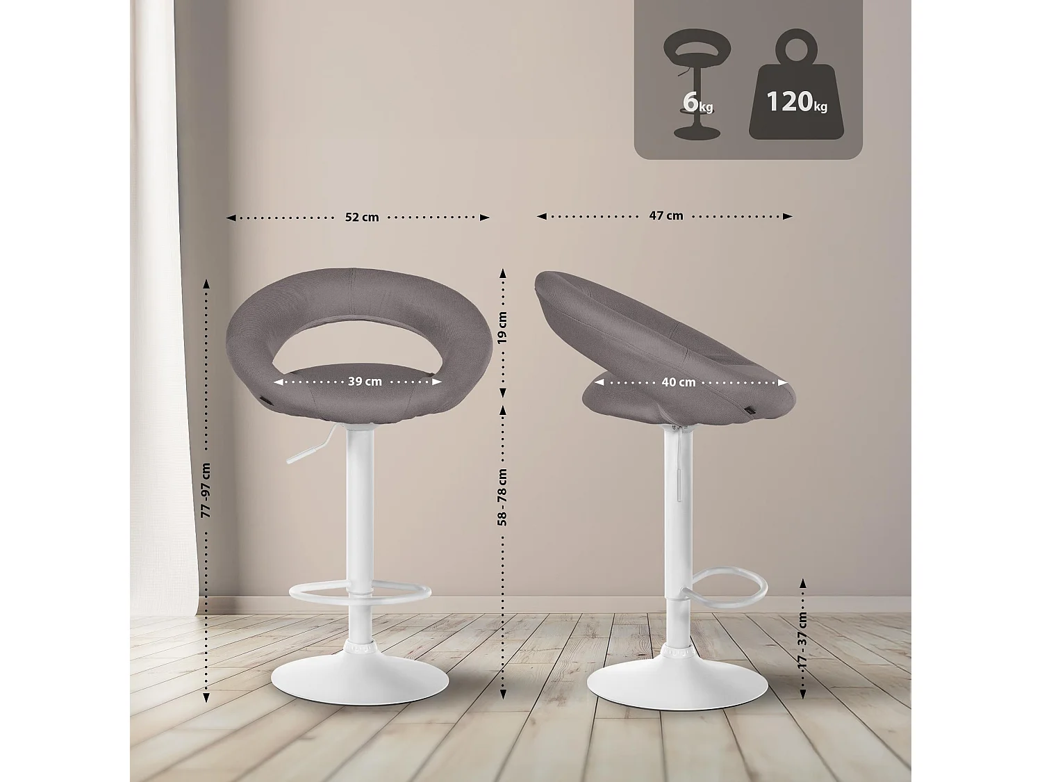 Barhocker - Stoff & weiß - grau - Olinda