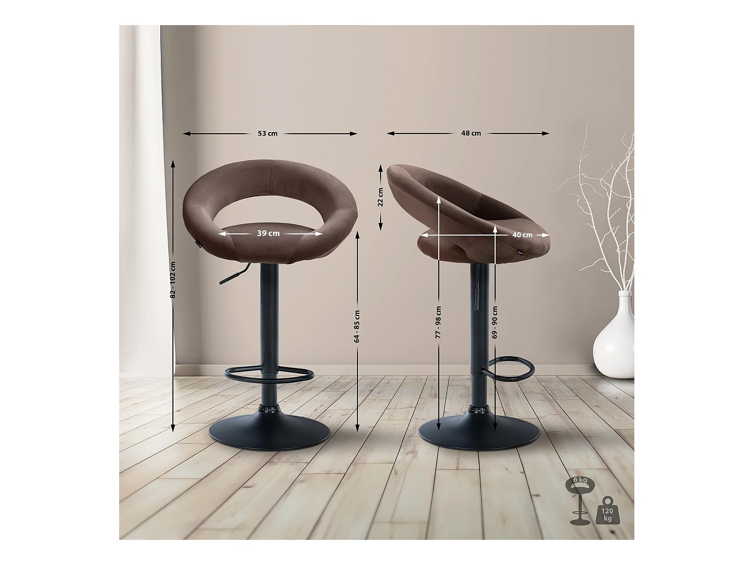 Tabouret de bar - Velours & Noir - Marron - Olinda