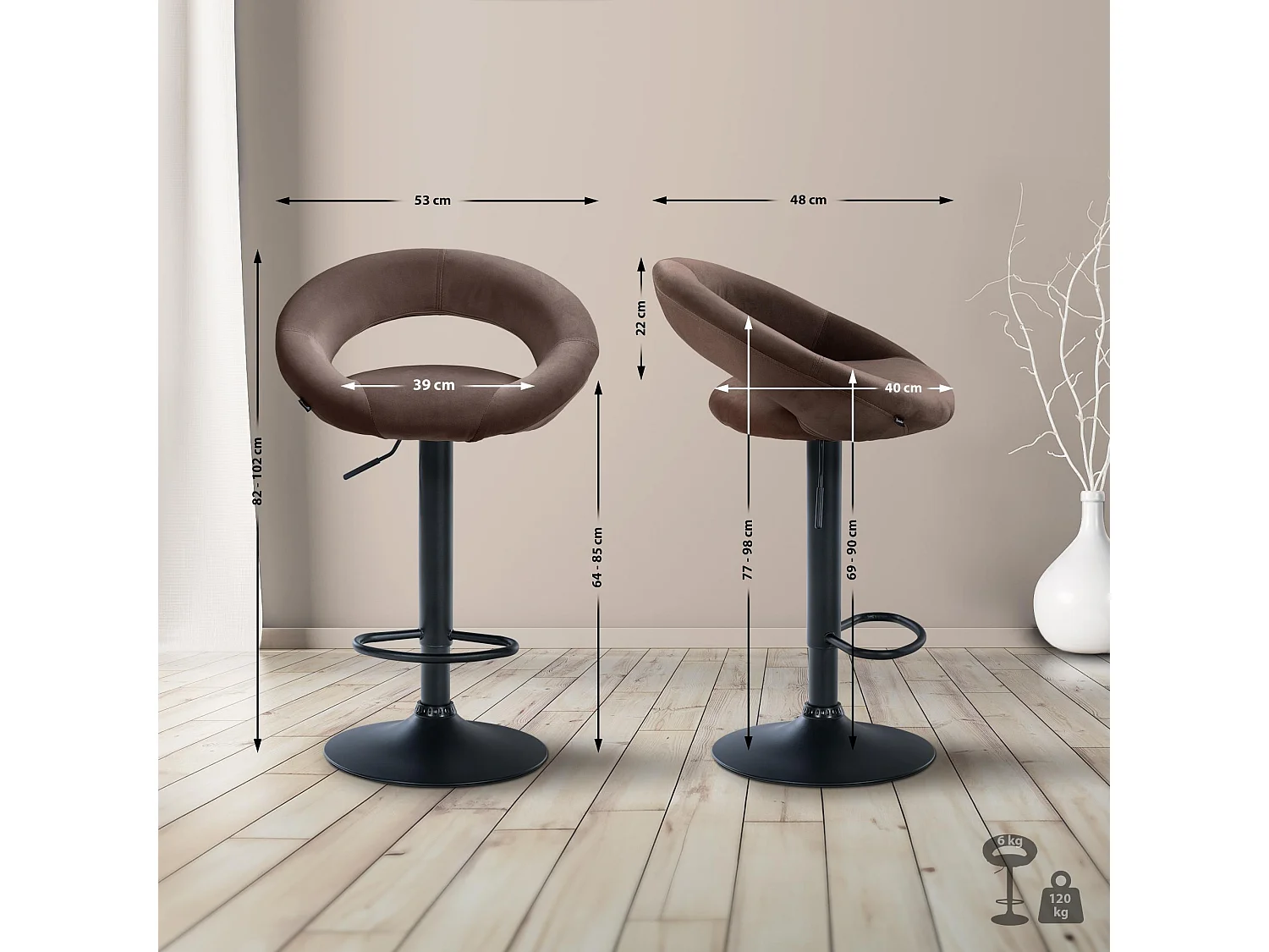 Tabouret de bar - Velours & Noir - Marron - Olinda
