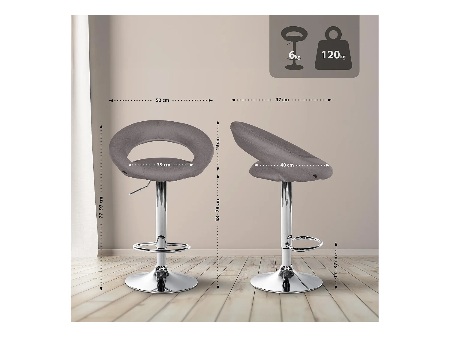 Lot de 2  Tabouret de bar - Tissu & Chrome - Gris - Olinda