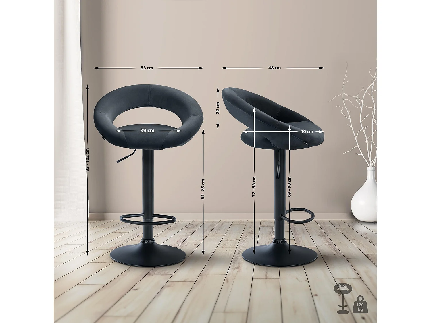 Tabouret de bar - Velours & Noir - Gris foncé - Olinda