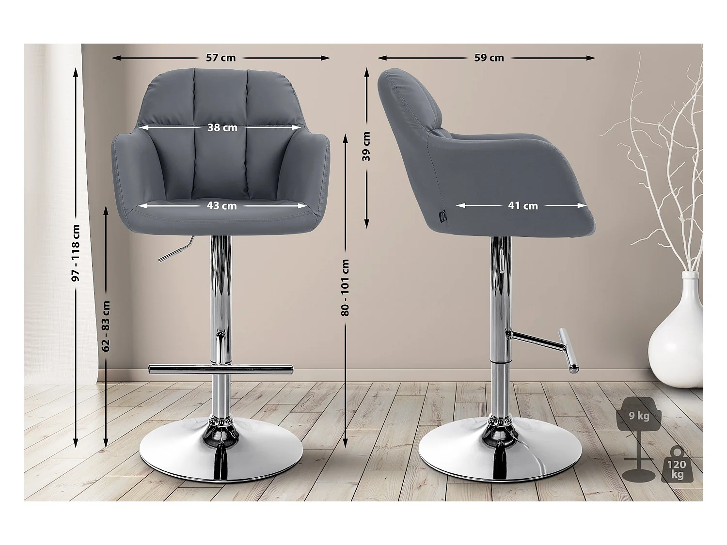 Tabouret de bar - Similicuir - Gris - Natoma