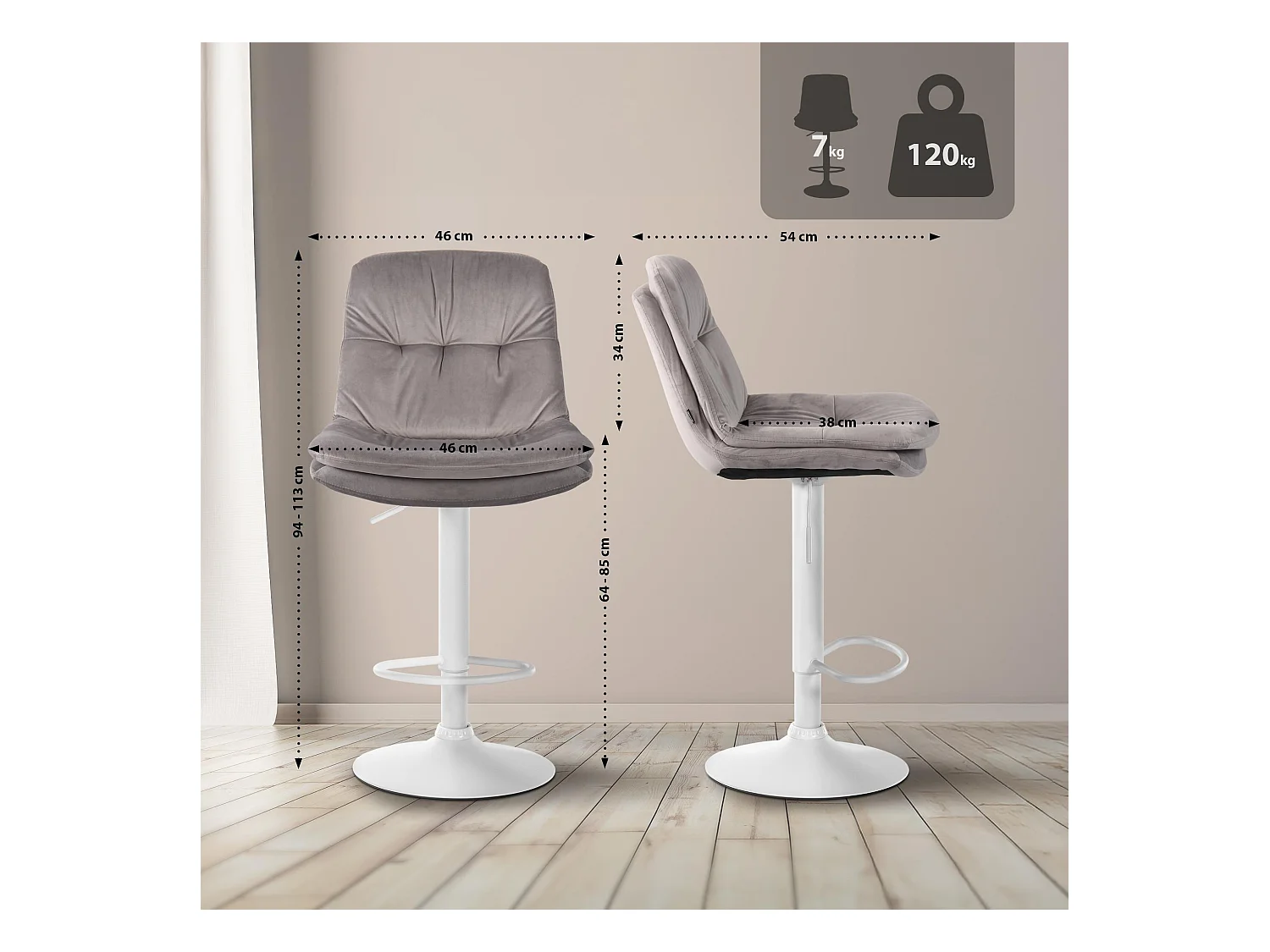 Tabouret de bar - Velours - Gris - Laurel