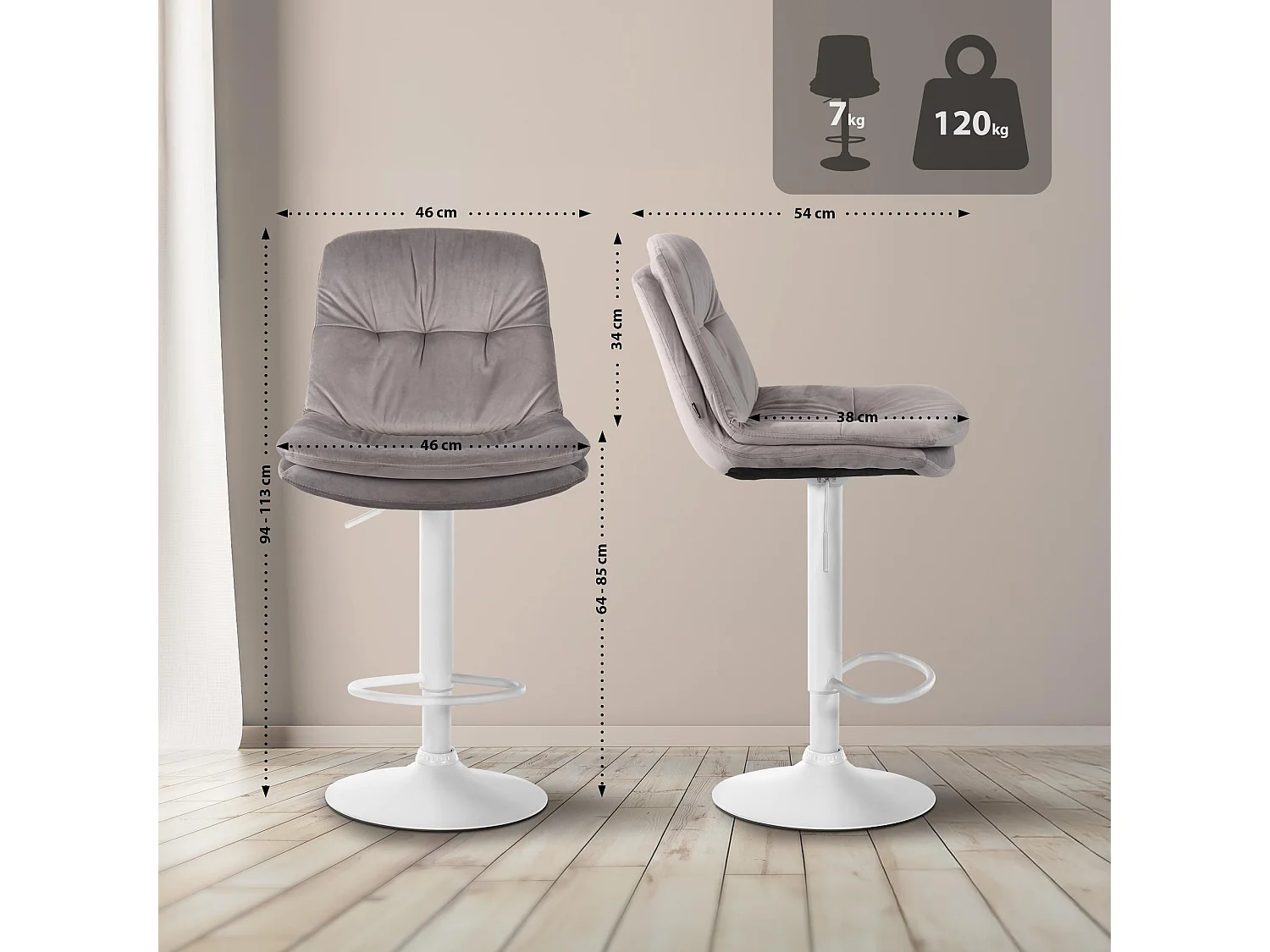 Tabouret de bar - Velours - Gris - Laurel