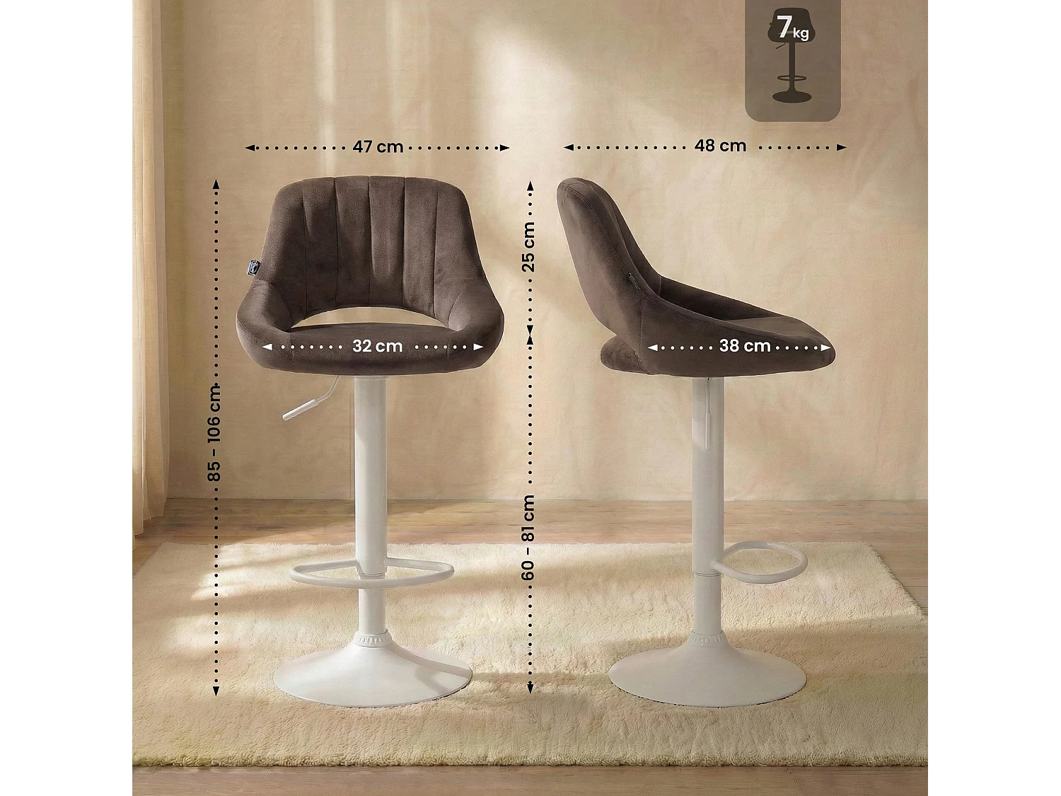 Tabouret de bar - Velours & Blanc - Marron - Milet