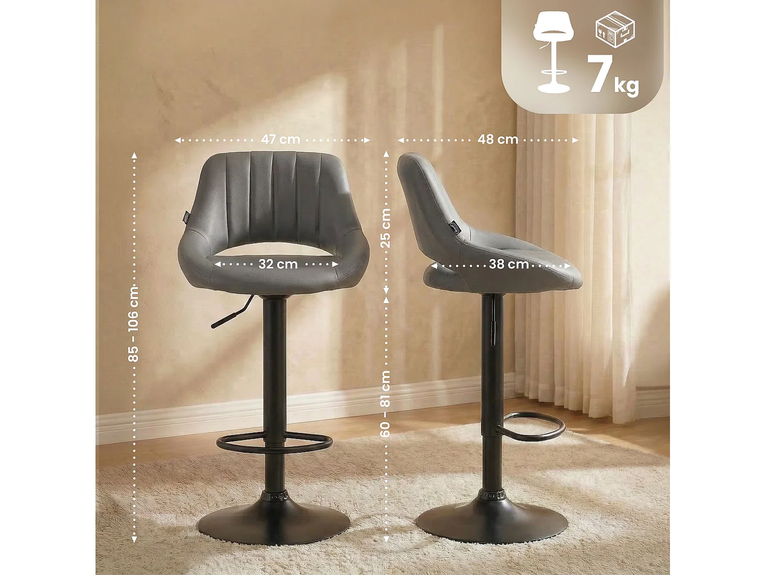 Lot de 2  Tabouret de bar - Similicuir - Gris - Milet