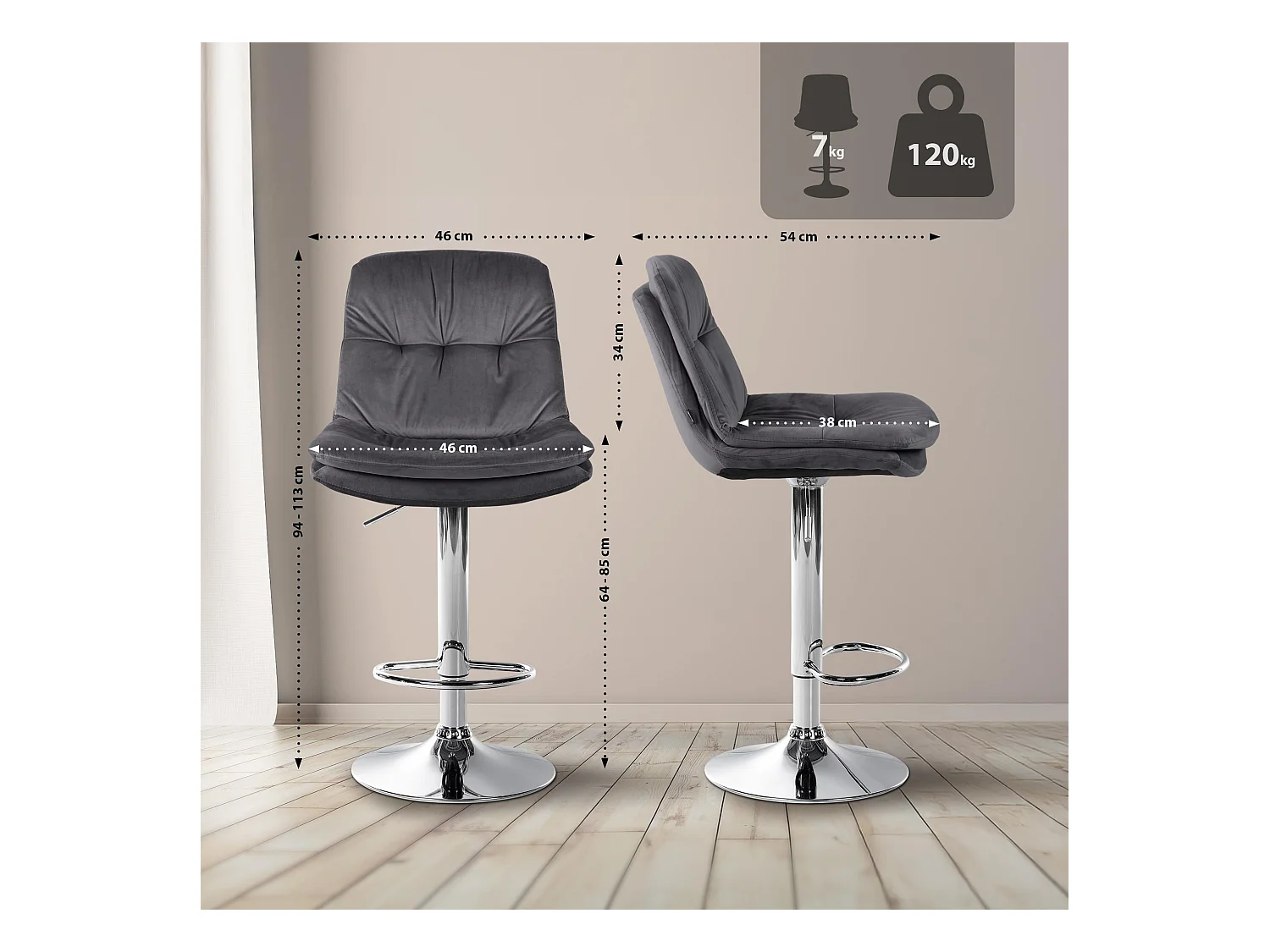 Tabouret de bar - Velours - Gris foncé - Laurel