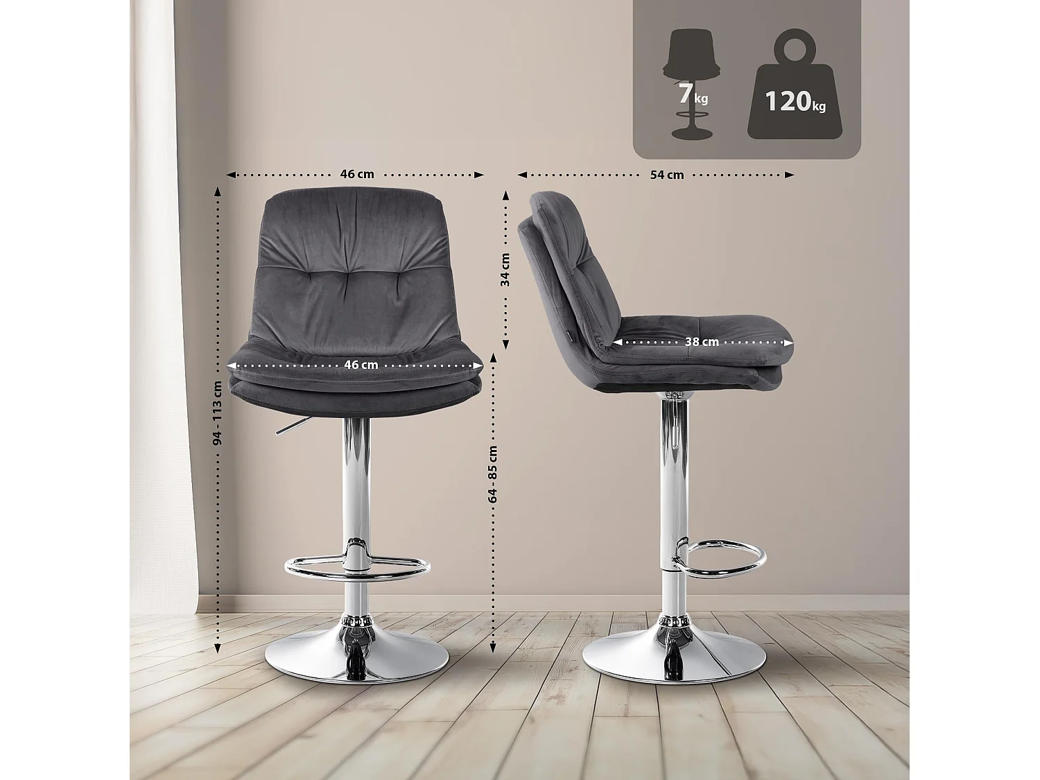 Tabouret de bar - Velours - Gris foncé - Laurel