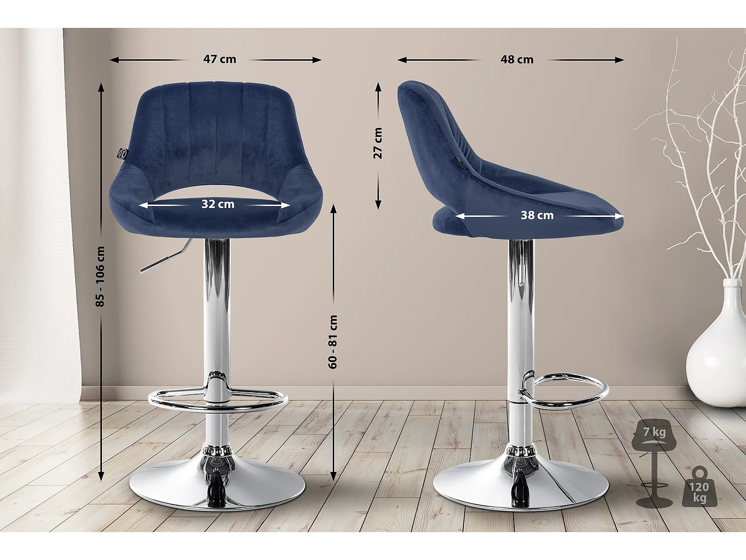 Tabouret de bar - Velours & Chrome - Bleu - Milet
