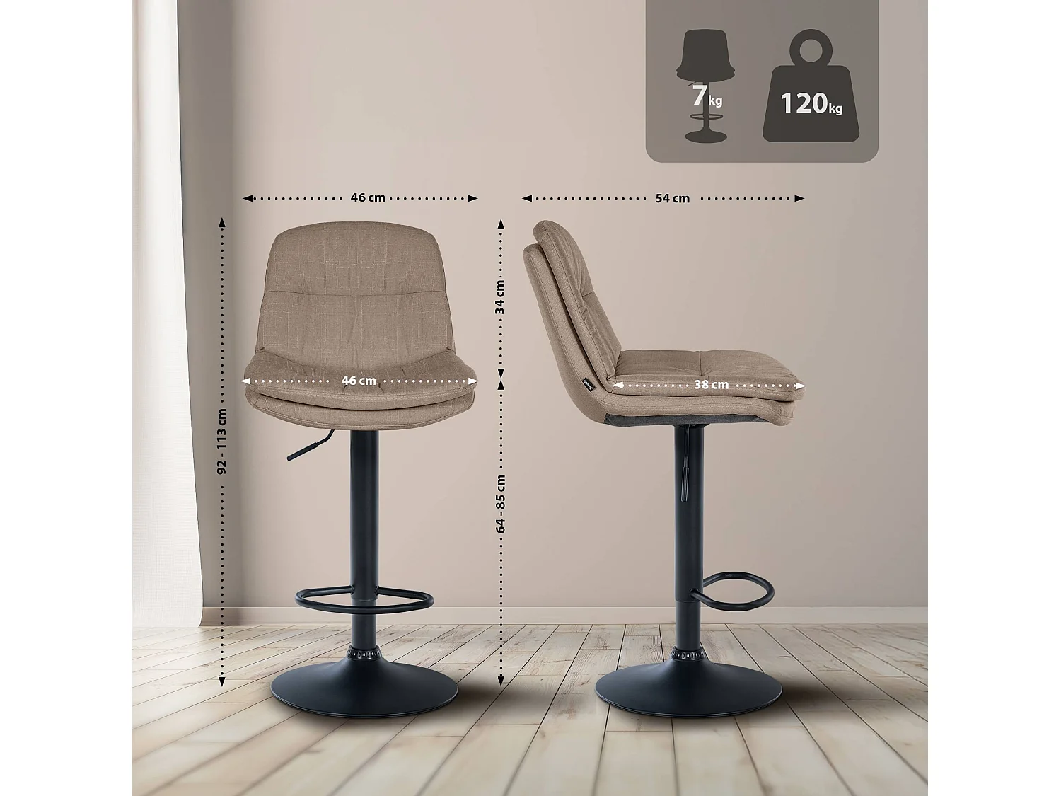 Tabouret de bar - Tissu - Taupe - Laurel