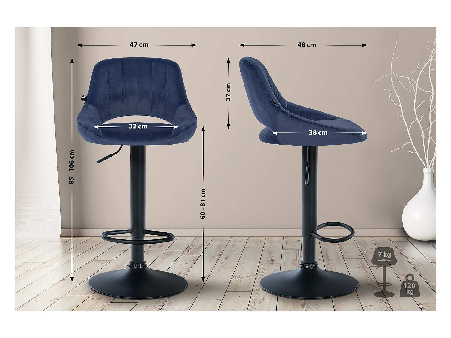 Lot de 2  Tabouret de bar - Velours - Bleu - Milet