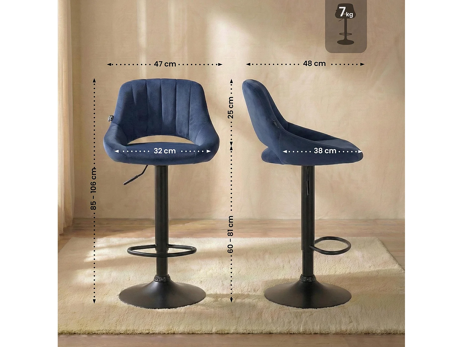 Lot de 2  Tabouret de bar - Velours - Bleu - Milet